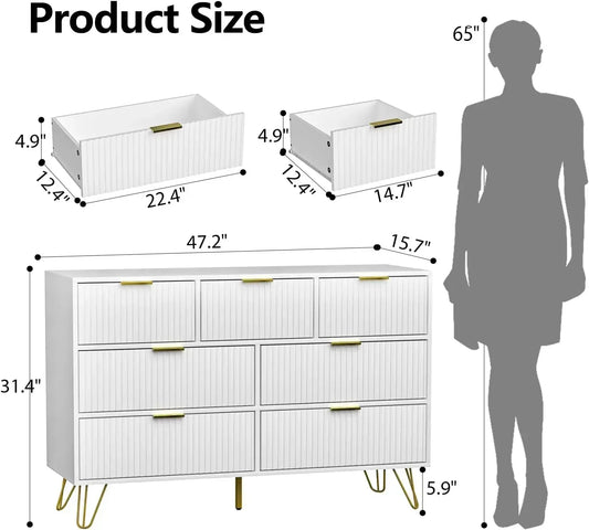 Dresser for Bedroom, White Bedroom Dresser with Drawers, Modern Wide Dresser with Gold Pulls