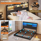 Floating Bed Frame with LED Lights and Headboard Storage, Visual Floating Bed with Charing Station,Queen Size Metal Platform Bed