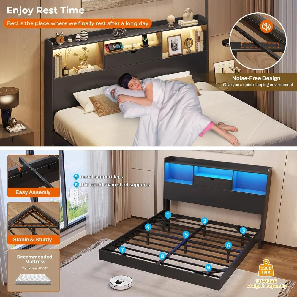 Floating Bed Frame with LED Lights and Headboard Storage, Visual Floating Bed with Charing Station,Queen Size Metal Platform Bed