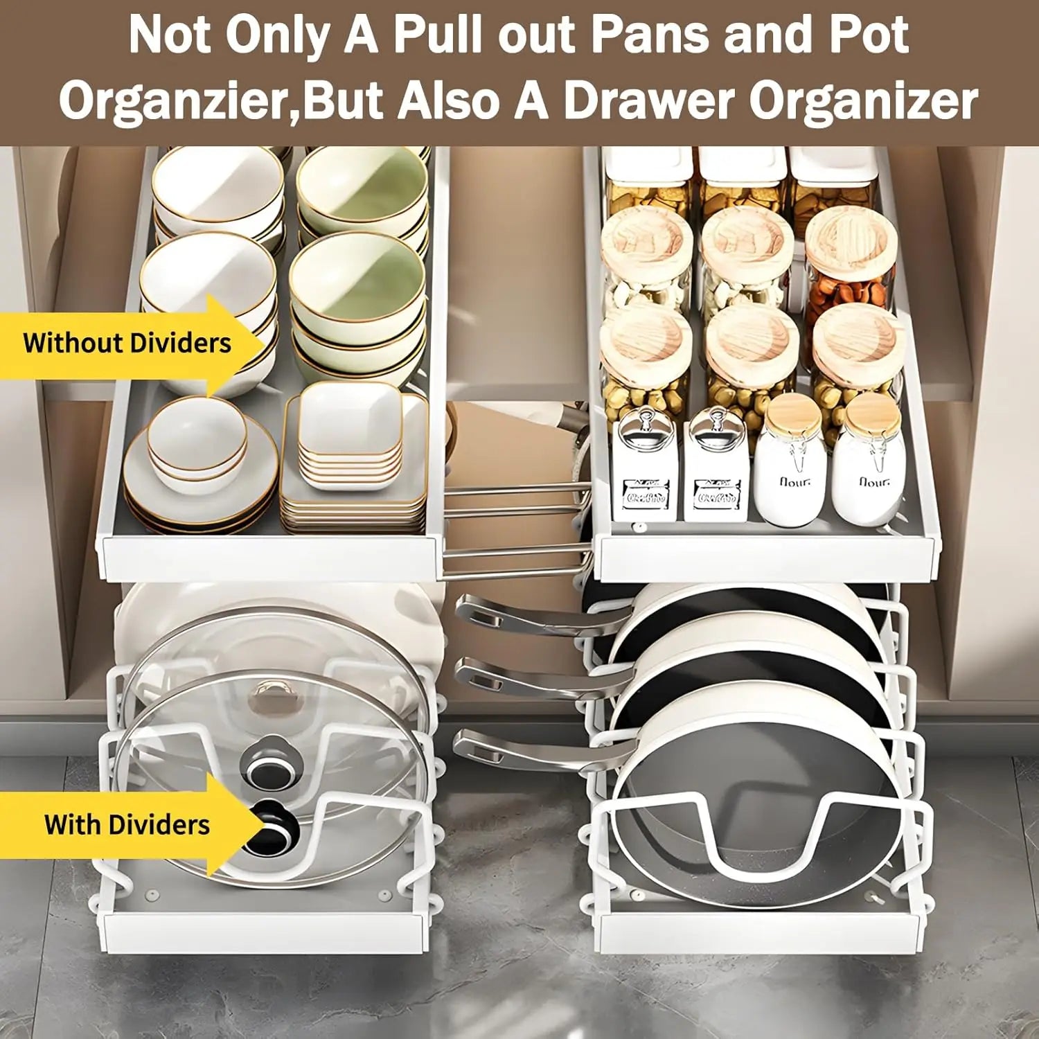 Pull Out Pan Pot Rack Organizer with Adjustable Dividers, Space Saving Under Cabinet Cookware Storage for Pots Pans Lids