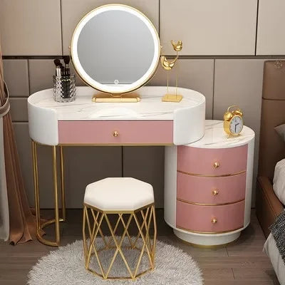 Pink White Vanity Table Women Luxury Nail European Big Stool Study Dressing Table Organizer Mesa De Maquillaje Home Furniture