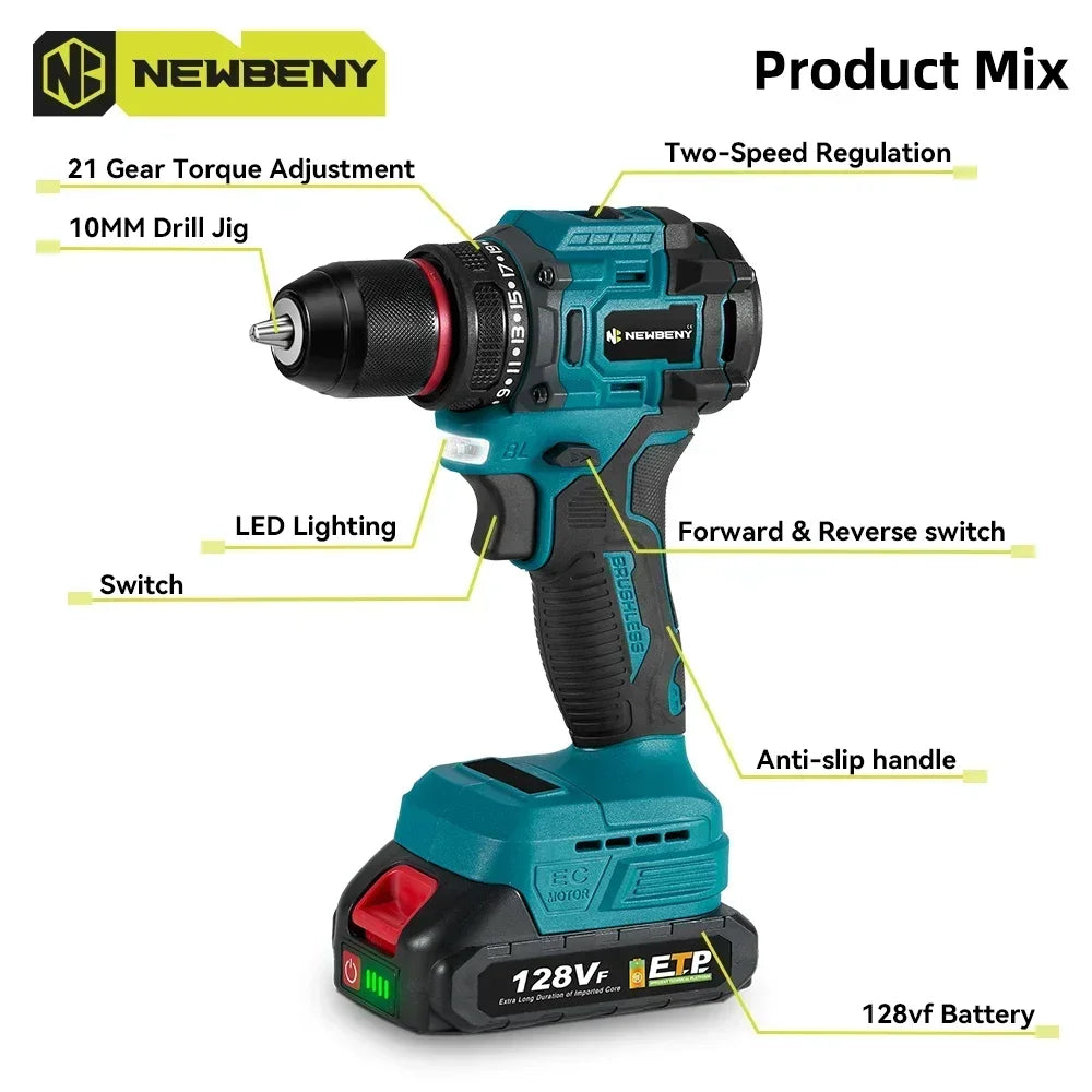 NEWBENY 10mm Brushless Electric Drill 21+2 Torque Multifunctional Cordless Electric Screwdriver For Makita 18V Battery Pin