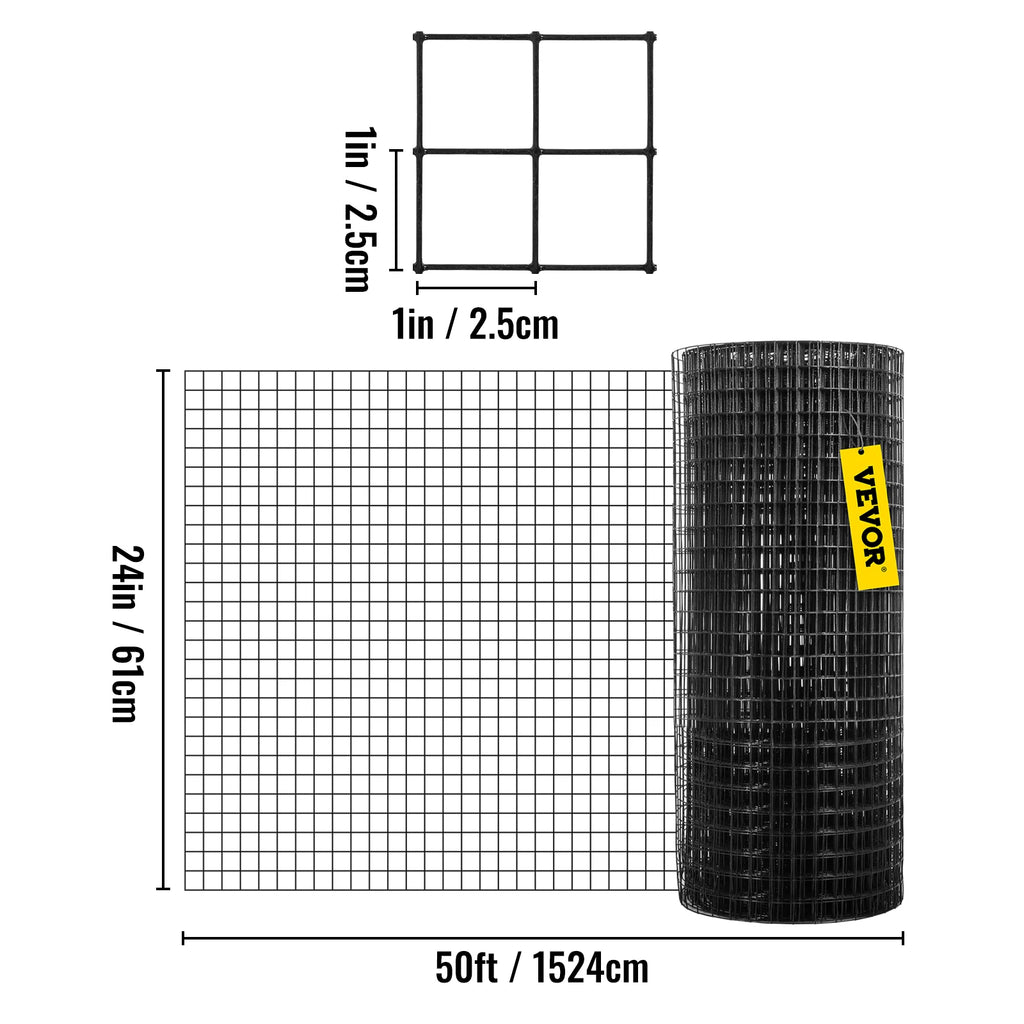 VEVOR Welded Wire Fence Vinyl Coated Chicken Rabbit Mesh 1"x1" 16 Gauge 24"x50'/24"x100'/36"x50' Black Hardware Cloth & Mesh