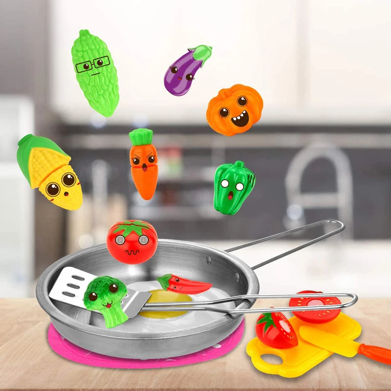 Kitchen Pretend Play Toys with Stainless Steel Cookware Pots and Pans Set, Cooking Kitchen Toys Education Pretend Play