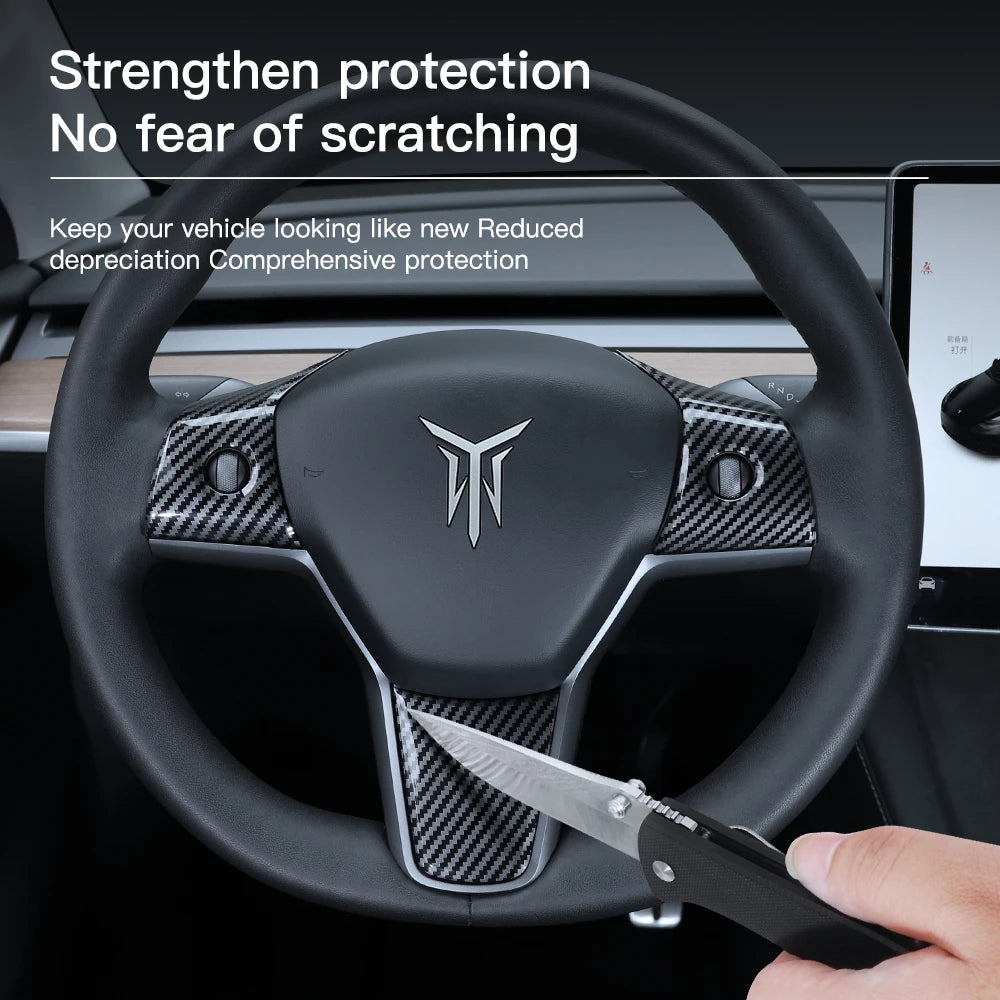 YZ For Tesla Model 3 Y 2021-2023 Car Steering Wheel Frame ABS Carbon Fiber Steering Wheel Decor Cover Stickers Interior