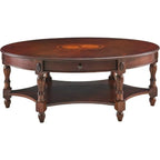 Solid Wood Coffee Table with Drawer and Storage Shelf, Traditional Living Room Cocktail Tea, Oval Center Carvings Side Vintage