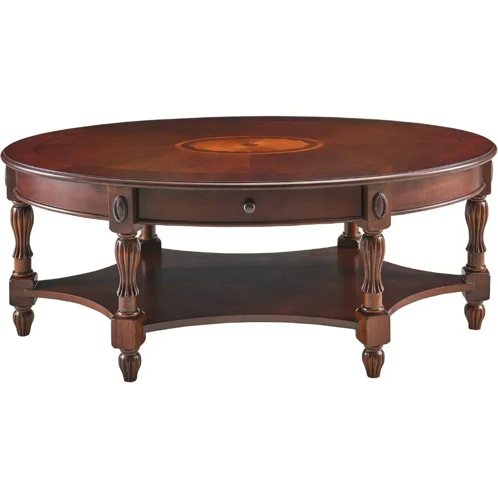 Solid Wood Coffee Table with Drawer and Storage Shelf, Traditional Living Room Cocktail Tea, Oval Center Carvings Side Vintage