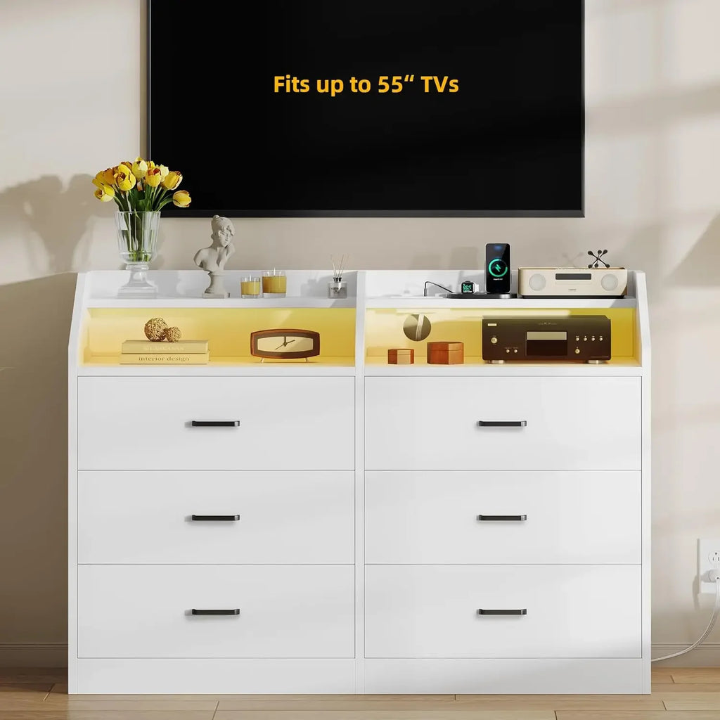 6 Drawer Dresser with LED Light and Charging Station, Modern Chest of Drawers, Wide Drawer Organizer Cabinet for Living Room