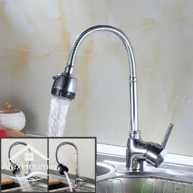 Chrome Finish Kitchen Faucet with Flexible Arc 360 Degree Rotatable Sprayer Stainless Steel Bathroom Sink Wall Mount Water Mixer