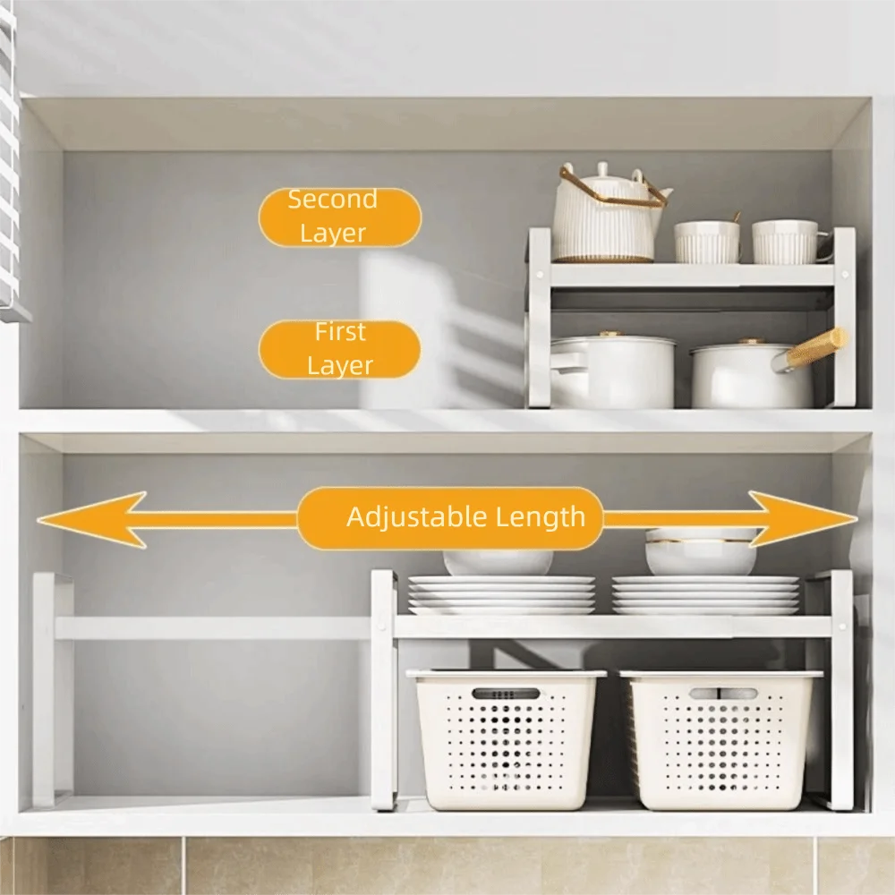 Layered Adjustable Kitchen Organizer Space Saving Expandable Countertop Pot Holder Easy To Install Non-slip