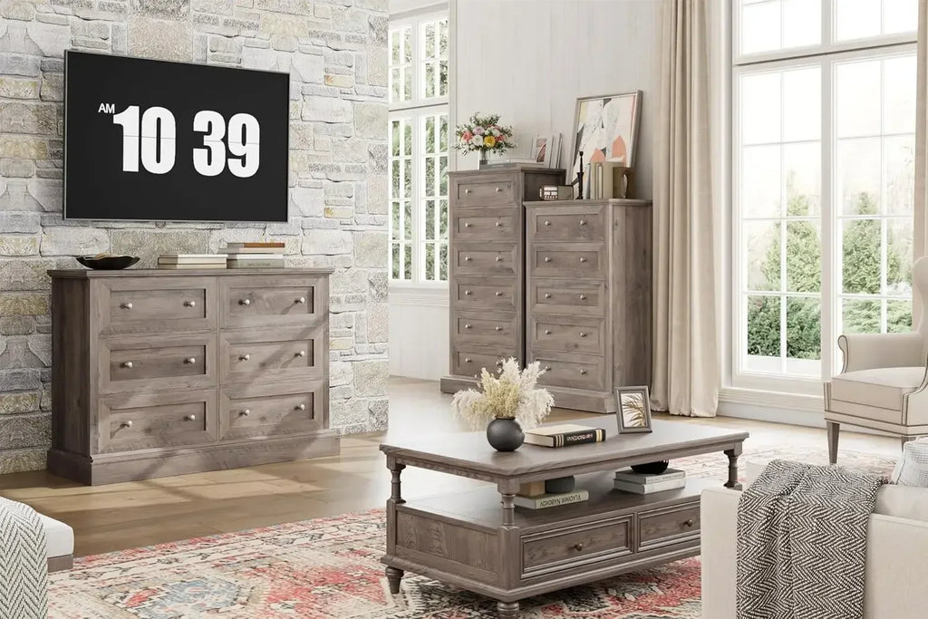 Modern 6 Drawer Double Dresser with Deep Drawers & Mental Double Handles, Wood Dresser Chest, Wide Chest of Drawers, Wash Gray