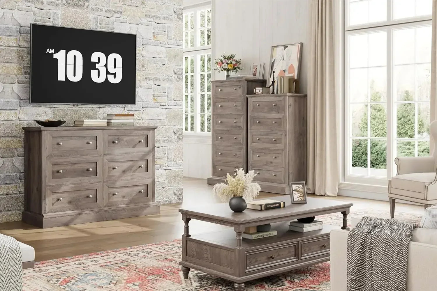 Modern 6 Drawer Double Dresser with Deep Drawers & Mental Double Handles, Wood Dresser Chest, Wide Chest of Drawers, Wash Gray