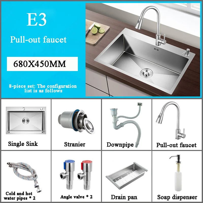 Stainless Steel Kitchen Sink Farm House Above Counter Undermounter Single Bowel Wash Basin with Faucet Drain Kitchen Accessories