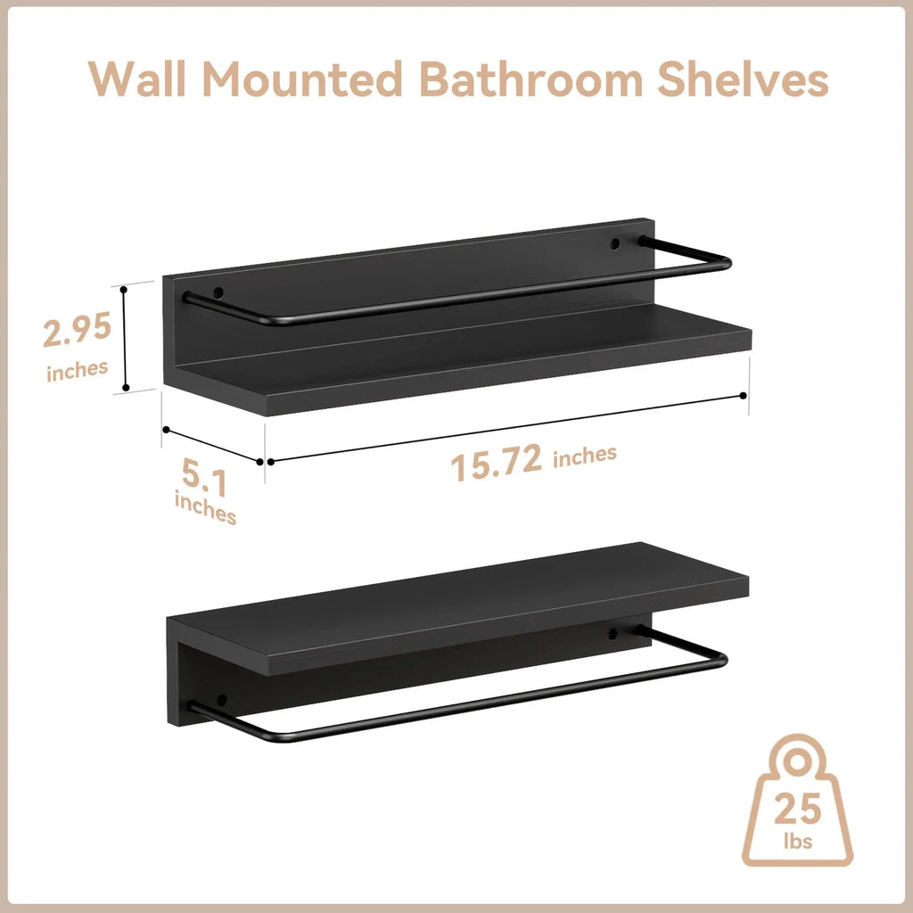 Floating Black Shelves with Metal Guardrail, Wall Mounted Shelf for Wall Decor Set of 2, Modern Bathroom Storage Shelves for Bat