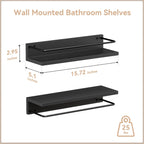 Floating Black Shelves with Metal Guardrail, Wall Mounted Shelf for Wall Decor Set of 2, Modern Bathroom Storage Shelves for Bat