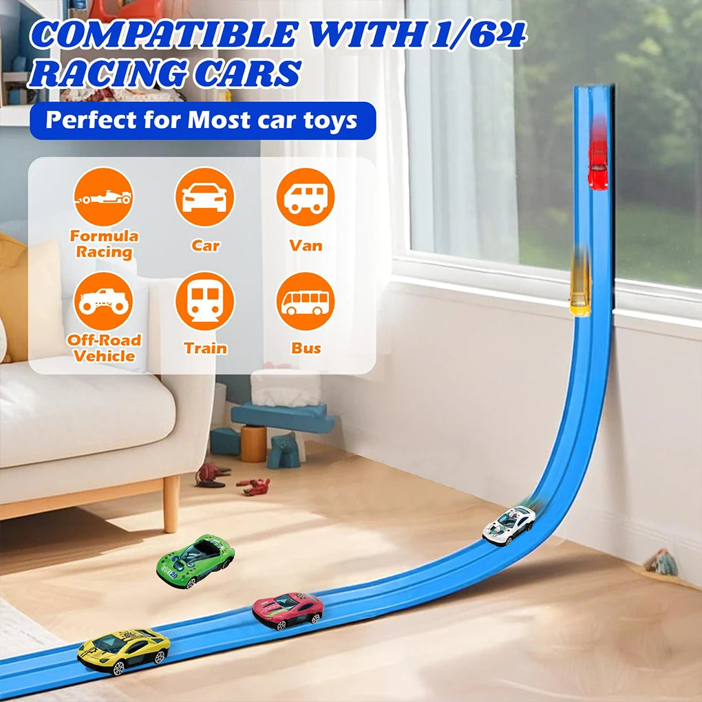 Double-track Race Children Toys DIY Track Racing Car Ramp Compatible 1/64th Cars Portable Rolls Up With suction cup track