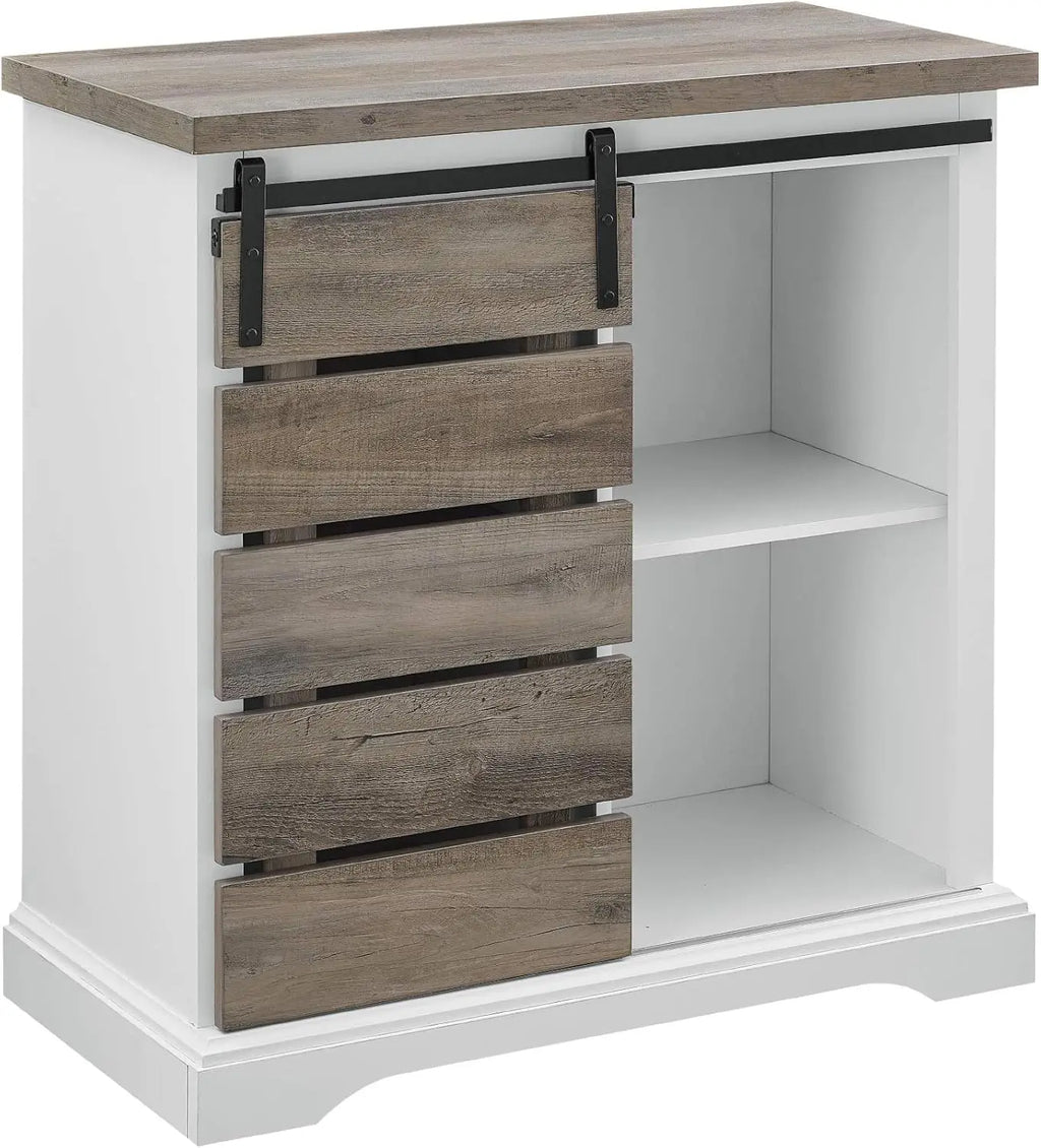 Willa Modern Farmhouse Sliding Single Slat Door Storage Console, 32 Inch, White And Grey Wash