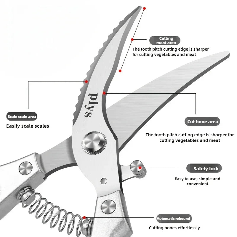 Kitchen Scissors Stainless Steel Chicken Bone Shears Duck Fish Seafood Cleaning Cook Tool, Multi-Purpose Kitchen Scissors