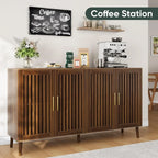 "63” Long Sideboard Buffet with 4 Louvered Doors – Farmhouse Storage Cabinet Featuring Gold Handles & Coffee Bar Design"