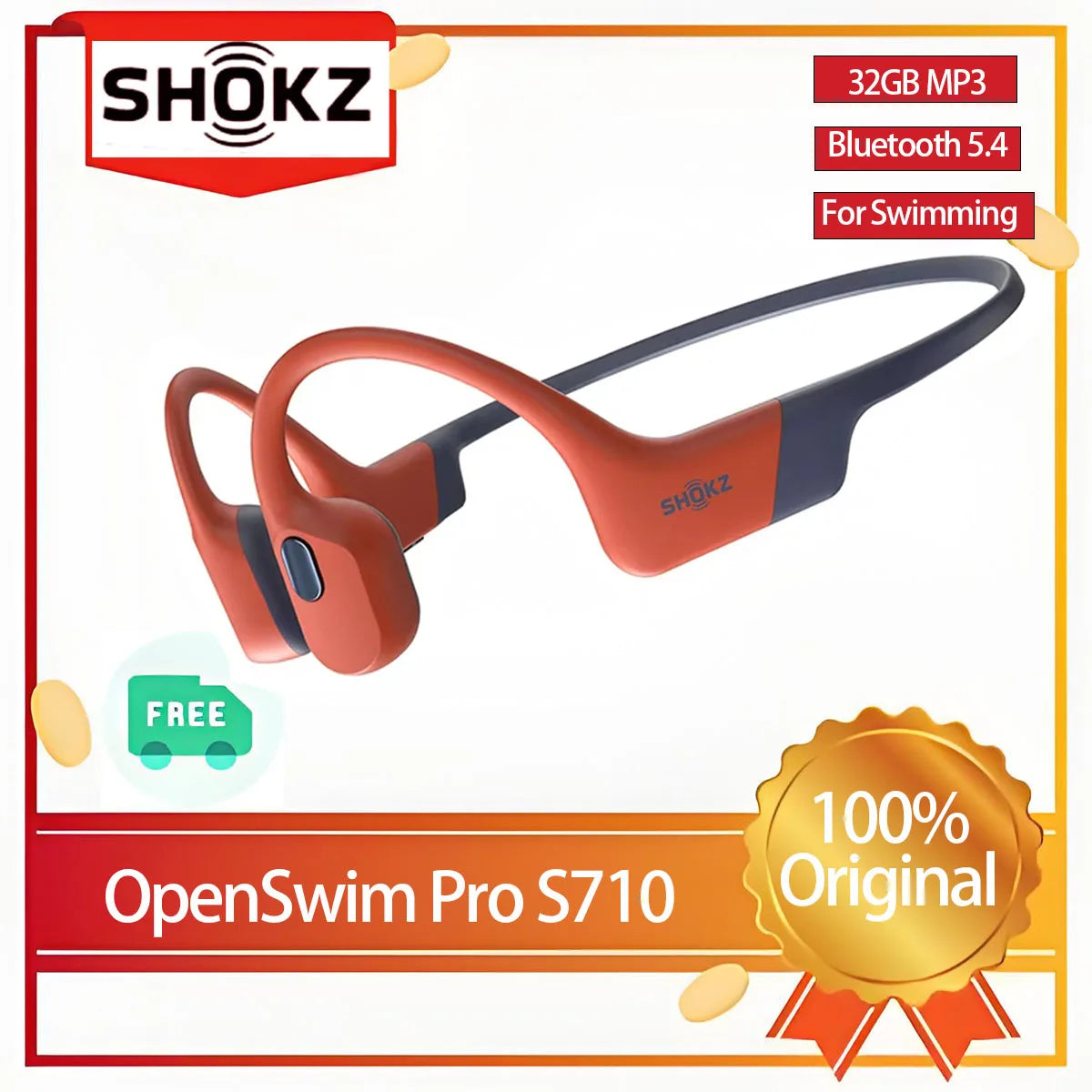 Newest Shokz OpenSwim Pro S710 Bone Conduction Wireless Bluetooth Earphone and MP3 Dual Mode IP68 Waterproof Bluetooth5.4