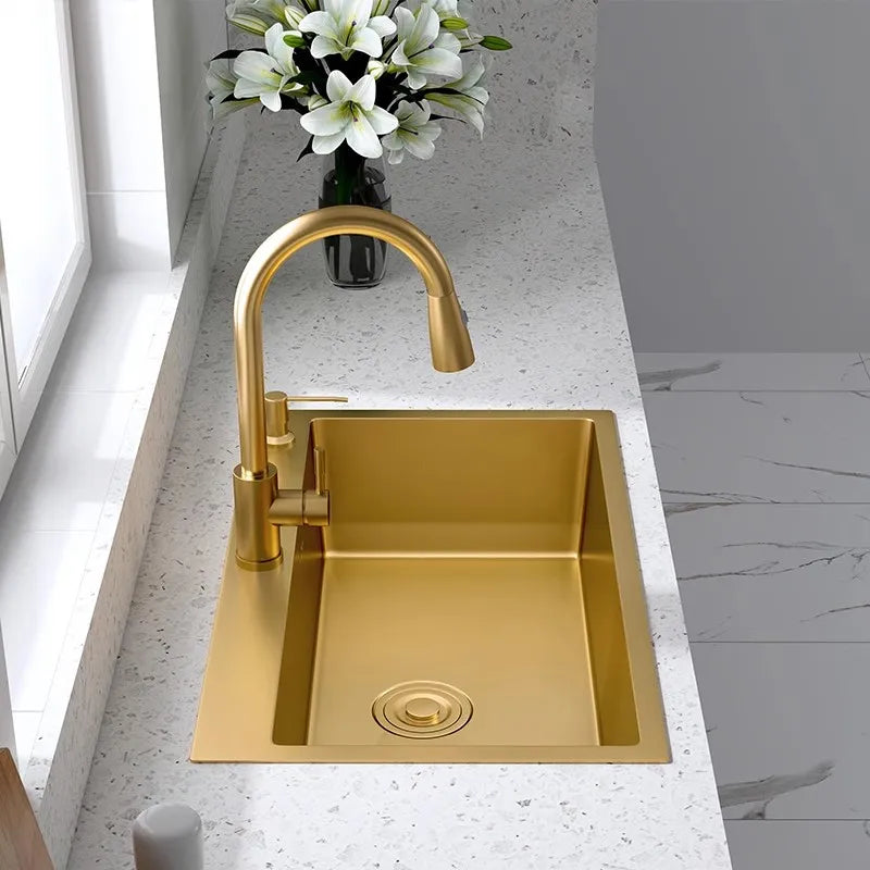 Gold Kitchen Sink Above Counter 304 Stainless Steel Single Bowl Goldn Basket Drainer Soap Dispenser Washing Basin