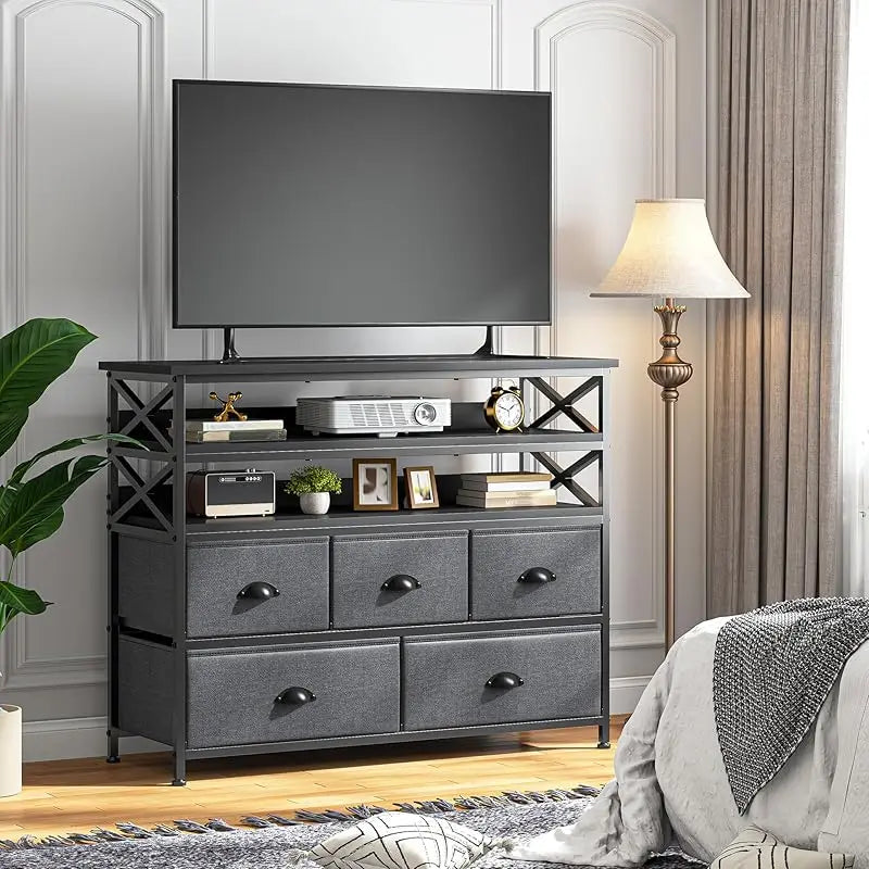 TV Stand 50" TV, Sturdy Dresser for Bedroom with 5 Fabric and Wood Open Shelves, Dressers & Chest of Drawers