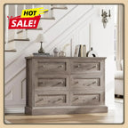 Modern 6 Drawer Double Dresser with Deep Drawers & Mental Double Handles, Wood Dresser Chest, Wide Chest of Drawers, Wash Gray