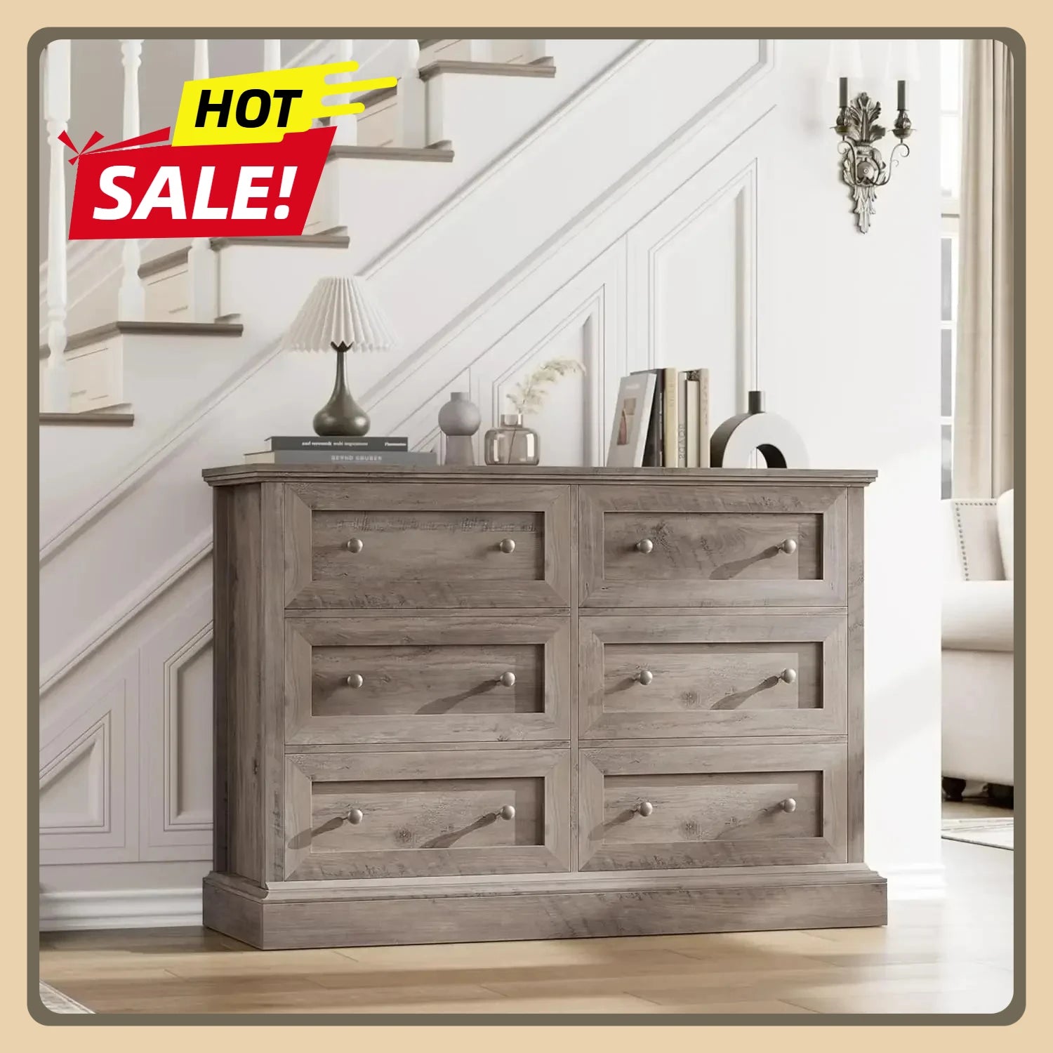 Modern 6 Drawer Double Dresser with Deep Drawers & Mental Double Handles, Wood Dresser Chest, Wide Chest of Drawers, Wash Gray