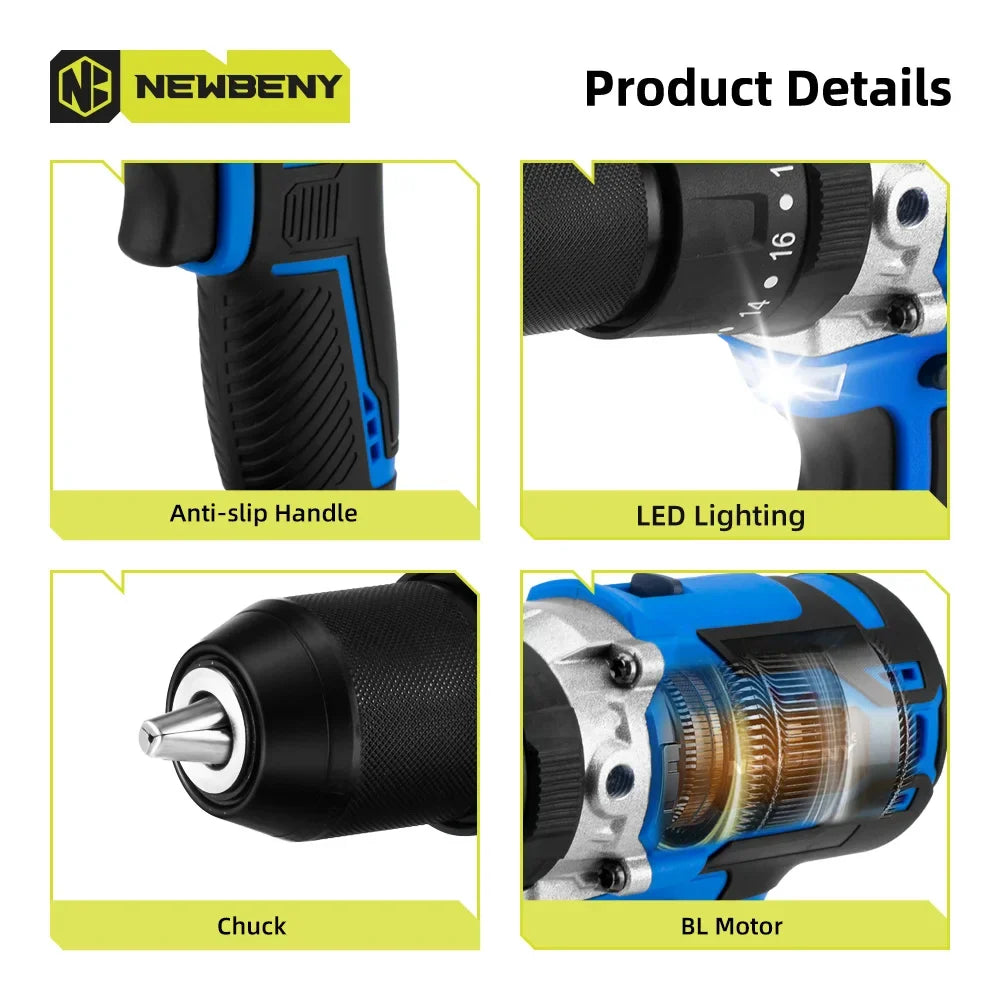 NEWBENY 500Nm 13MM Brushless Electric Drill 20+3 Torque Cordless Electric Screwdriver Power Tools For Makita 18V Battery Pin