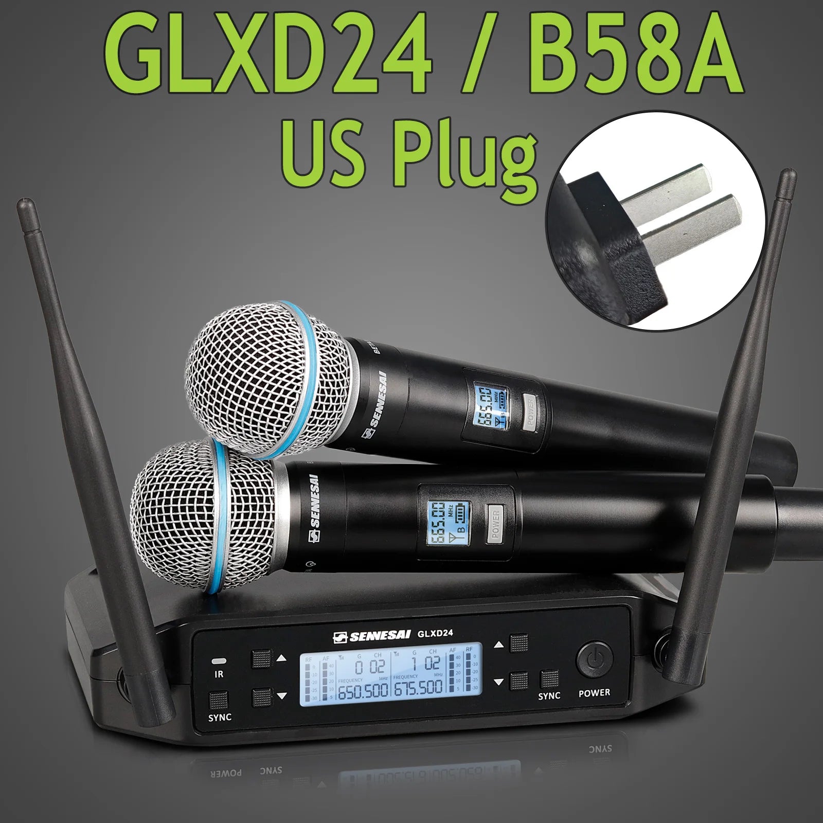 SENNESAI GLXD24 B58 Professional Dual Wireless Microphone 600-699MHz System Stage Performances UHF Dynamic 2 Channel Handheld