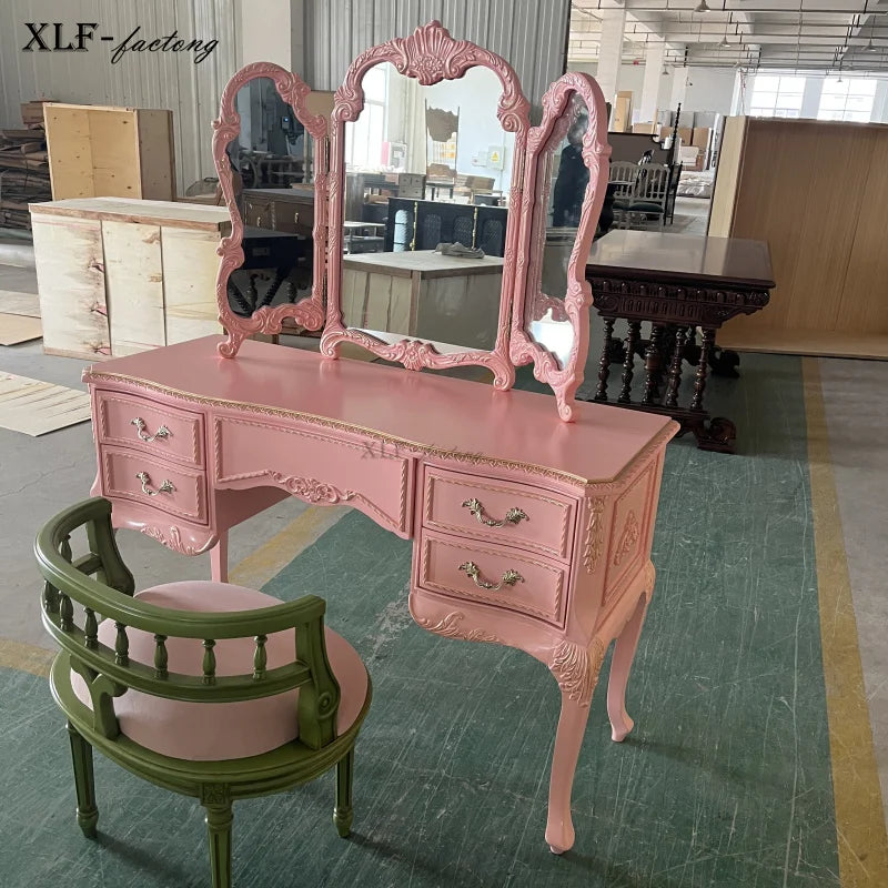 Retro old pink dresser Nordic European solid wood carving flower dressing table makeup stool glass combination