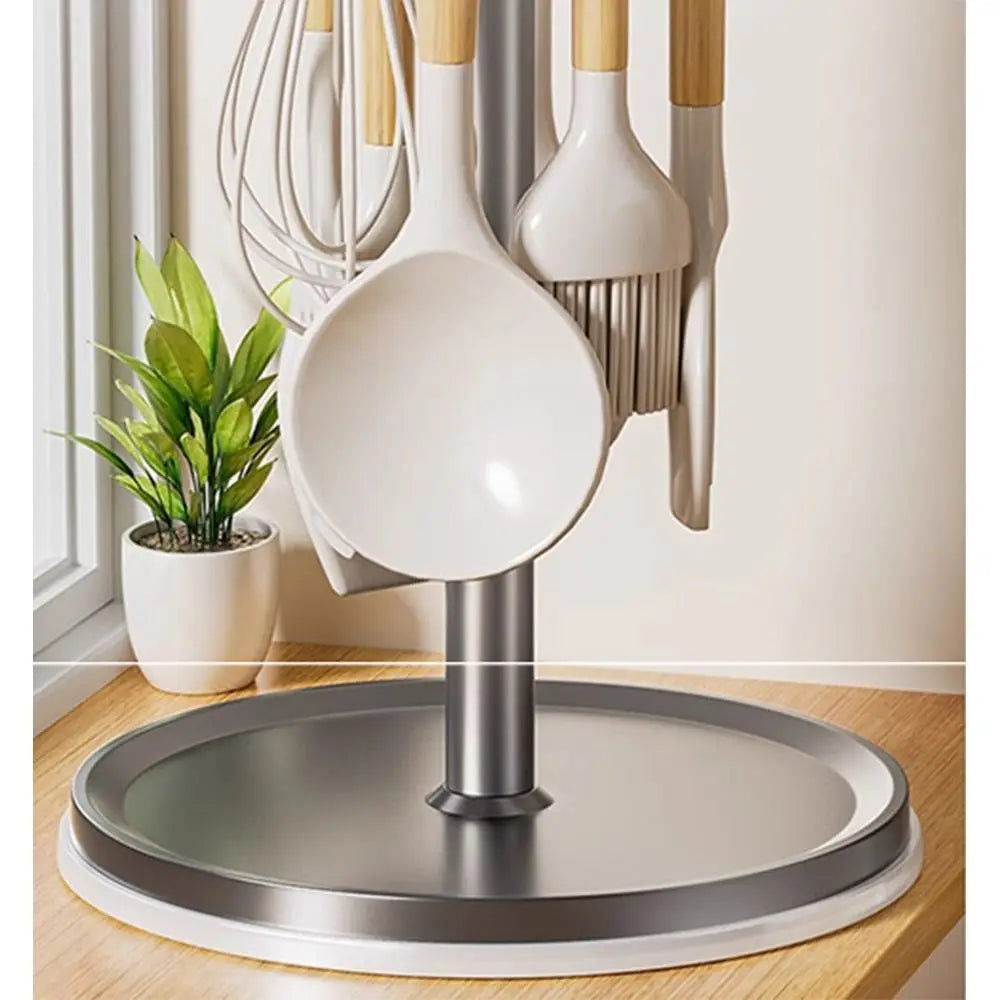 8 Hooks Kitchen Utensils Stand 360 Degree Rotating with Water Tray Flatware Storage Rack Non-slip Rust-proof