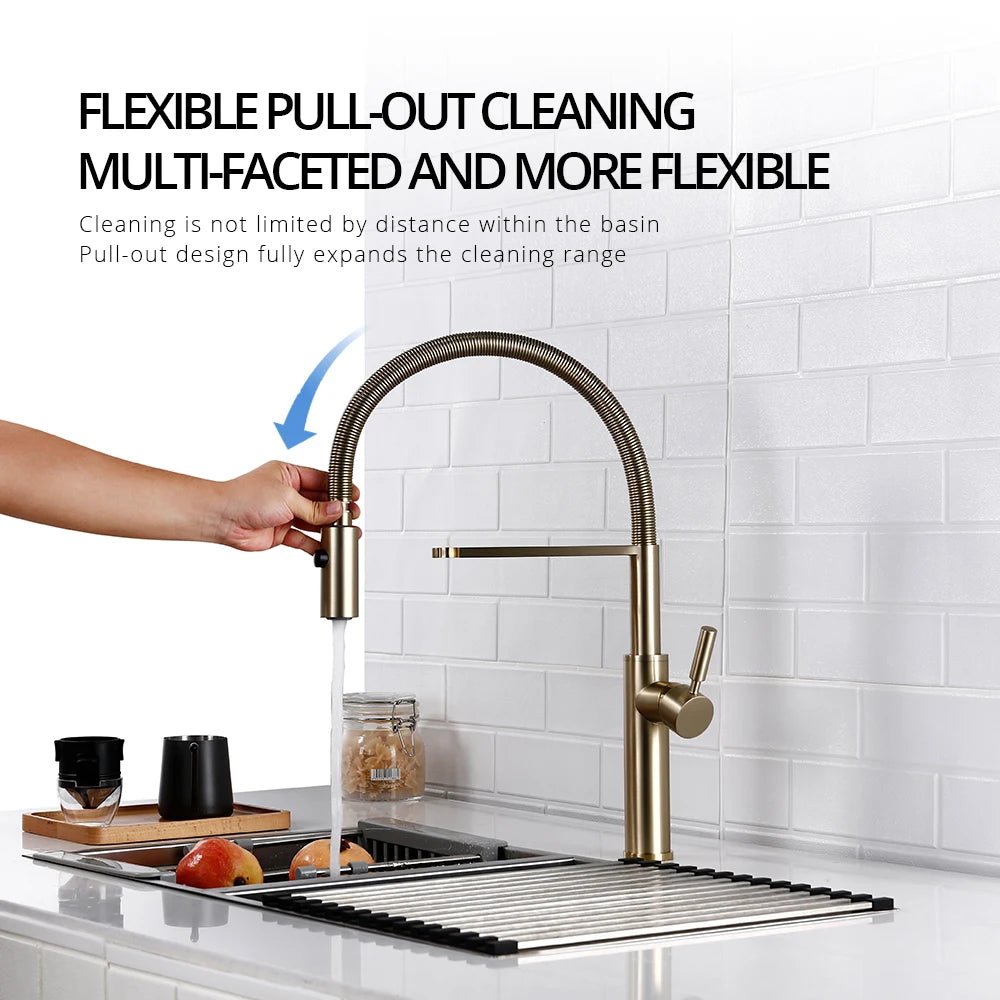 Brushed Gold Kitchen Faucets Brass Mixer for Kitchen Sink Single Lever Pull Out Spring Spout Tap Hot Cold Water 1036