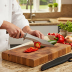 Stainless steel kitchen knife with wooden handle and sheath. Suitable for bone removal and meat/vegetable cutting in the kitchen