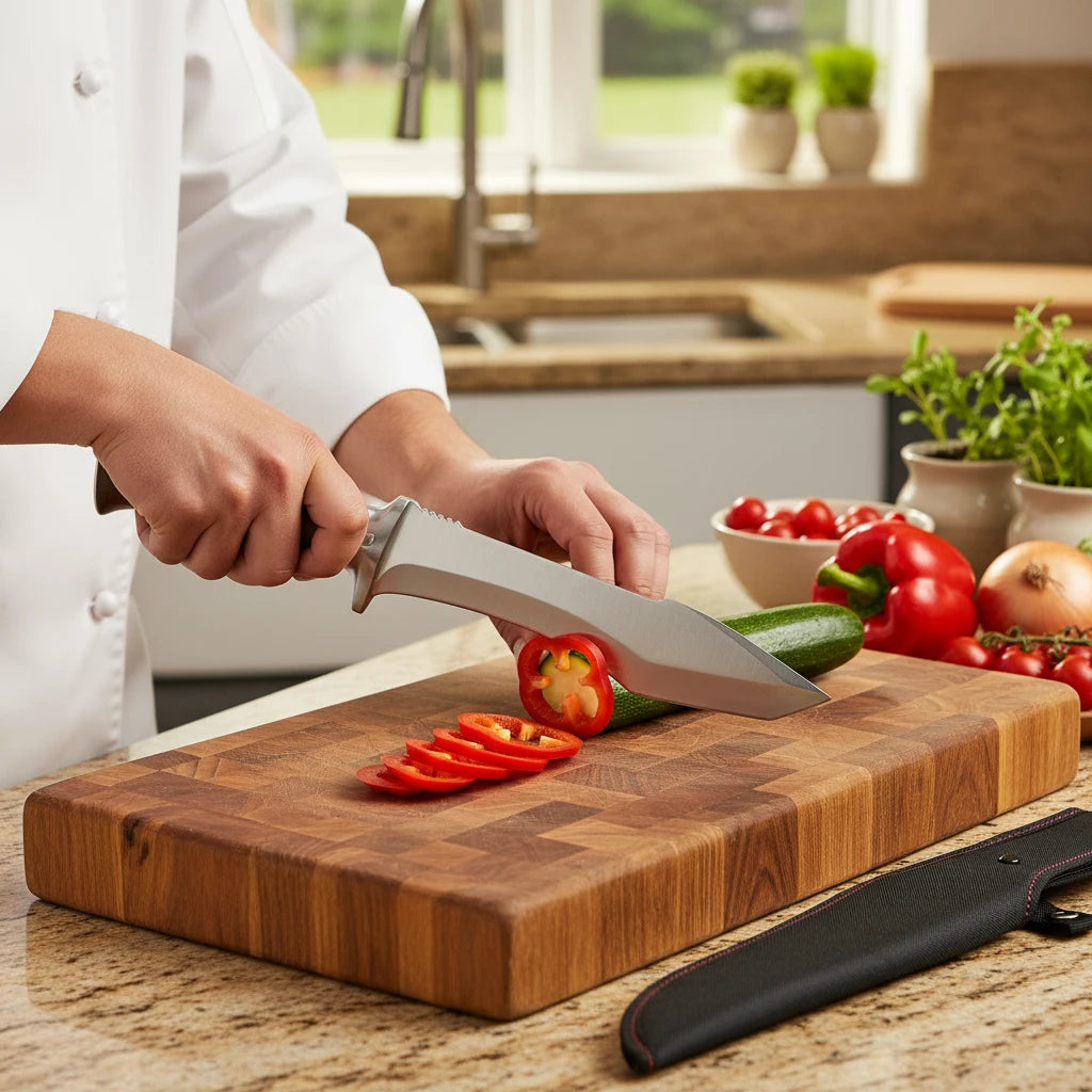 Stainless steel kitchen knife with wooden handle and sheath. Suitable for bone removal and meat/vegetable cutting in the kitchen