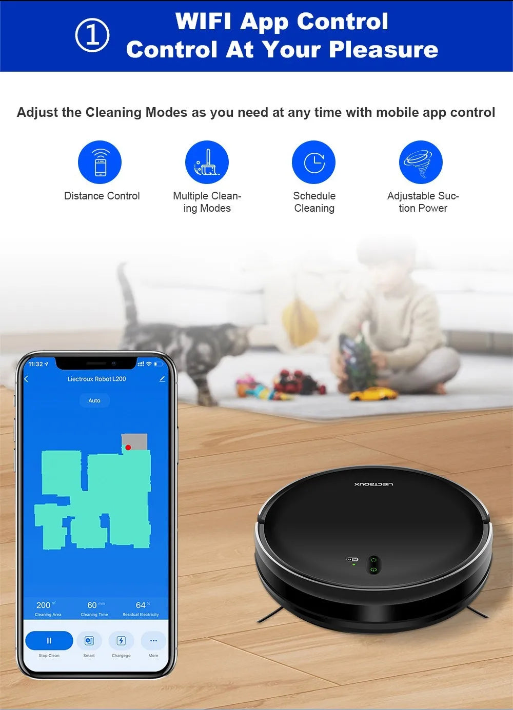 Liectroux L200 Robot Vacuum Cleaner Max 4000Pa Suction Smart Mapping 230ml Electric Control Water Tank