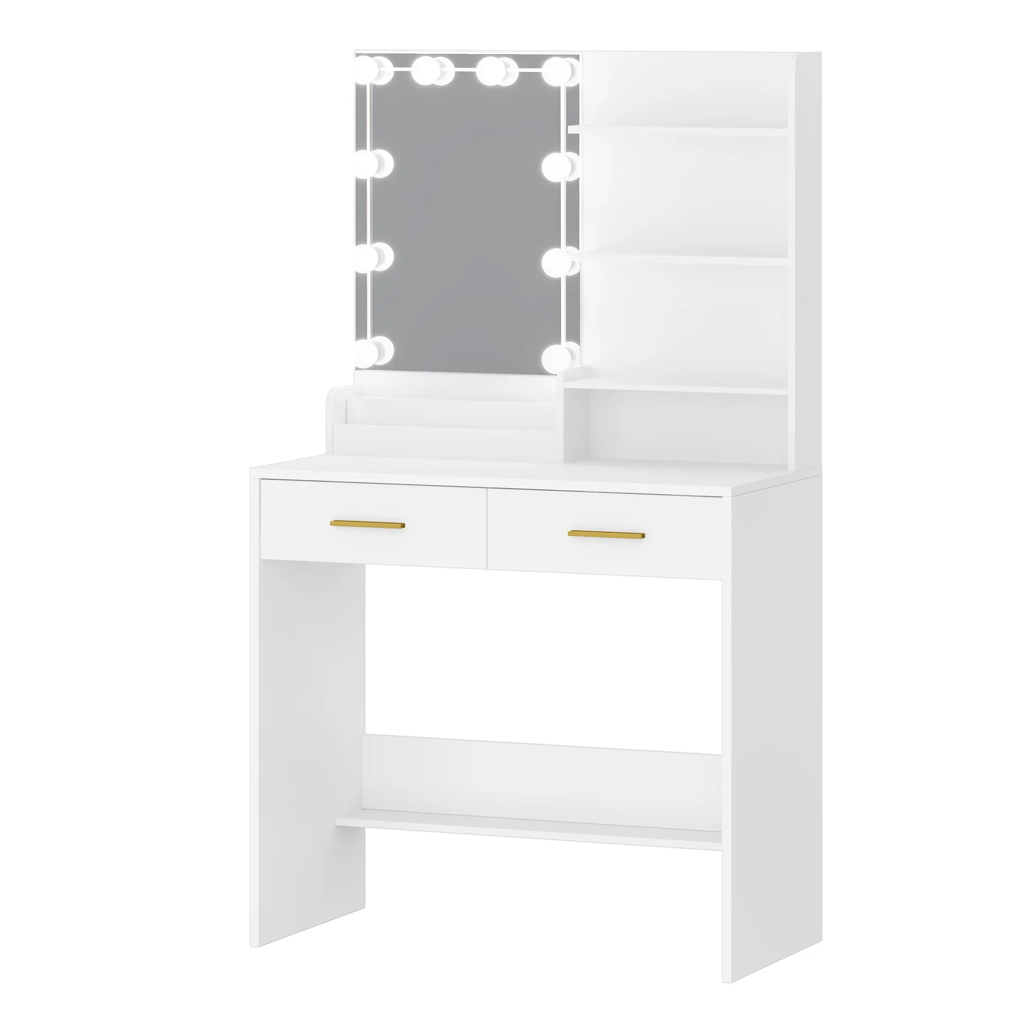 Hzuaneri Dressing Table with LED Lighting, Adjustable Brightness, with Mirror, Dresser with 2 Drawers, 4 Shelves, 2 Compartments