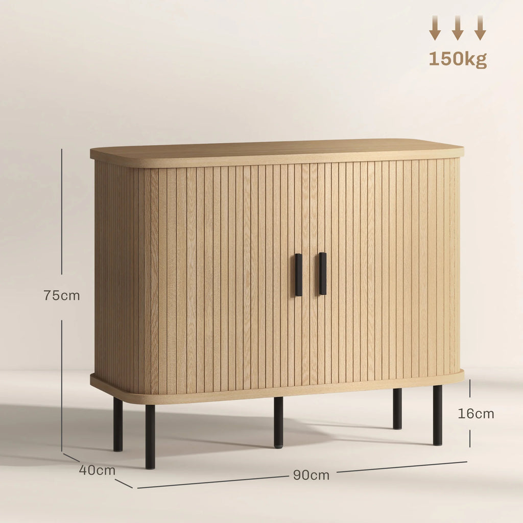 HOMCOM Sideboard Storage Cabinet with Slatted Tambour Sliding Doors Oak Tone