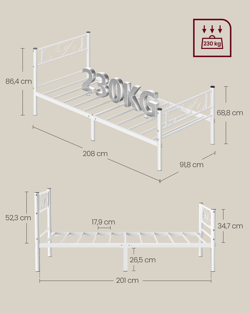 VASAGLE bed 90x200 cm, guest bed, single metal bed, bed rack, bed frame, metal bed, easy assembly