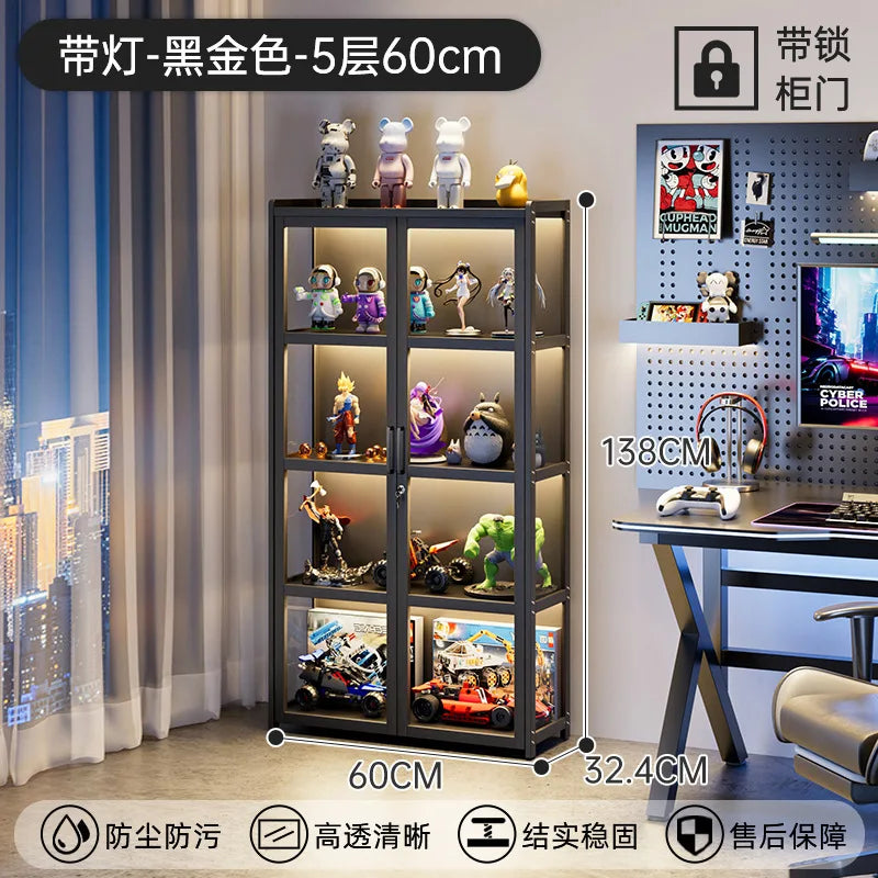 Display Cabinet Acrylic Curio Cabinet with Lock Glass Display Cabinet Natural Bamboo  Glass Cabinet Easy to Install，With Lights
