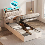 Vabches Lift Up Twin Size Bed Frame with Storage Headboard Upholstered Platform Bed Frame w Charging Station&LED Light Bedroom