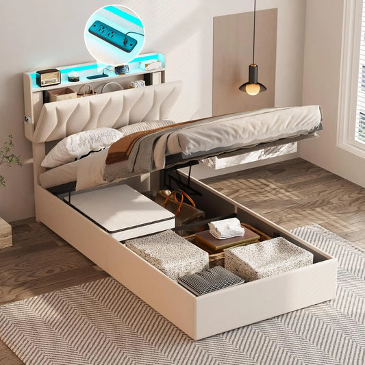 Vabches Lift Up Twin Size Bed Frame with Storage Headboard Upholstered Platform Bed Frame w Charging Station&LED Light Bedroom