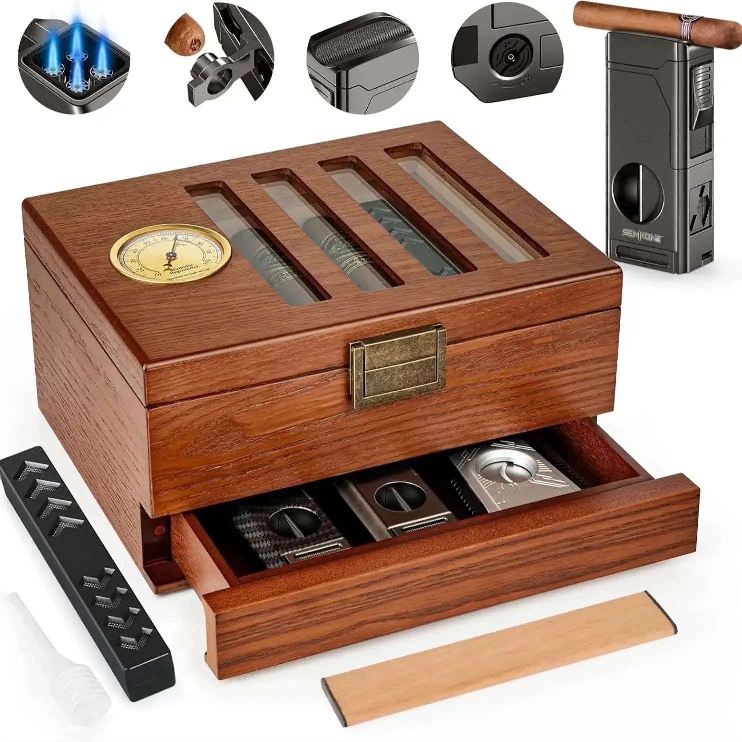 Cigar Humidor,Vintage Lock&Accessory Drawer Cedar Wood,Recessed Hygrometer Glass Top Desktop Humidor for 20-35 Cigars