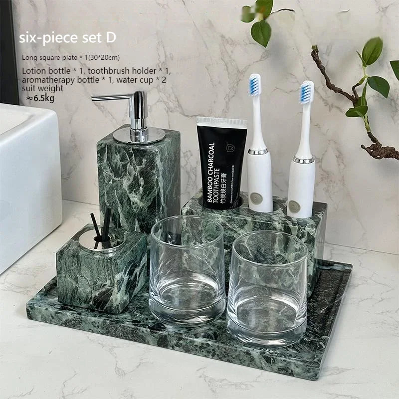 Luxury Marble Bath Set: Shampoo Bottles, Tray & Canister Organizer, Natural Stone Accessories for Home & Hotel Bathroom Decor