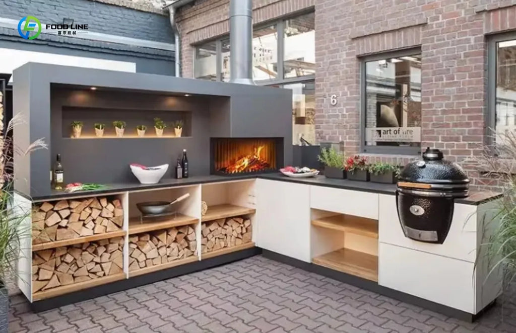 Custom Modern Outdoor Kitchen BBQ With Sink PVC Door Pizza Oven Small Refrigerator Cabinet Basket Kitchen Furniture