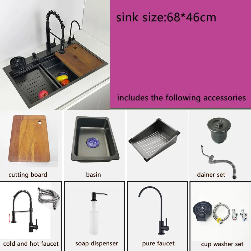 kitchen sink waterfall faucet honeycomb anti-scratch nano technology left drain Stainless Steel sinks 4 function kitchen faucet