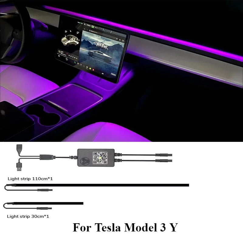 For Tesla Model 3 Y 64Colors RGB Neon LED Center Console Dashboard Wireless Charging Light Ambient Lamp USB Power APP Controller