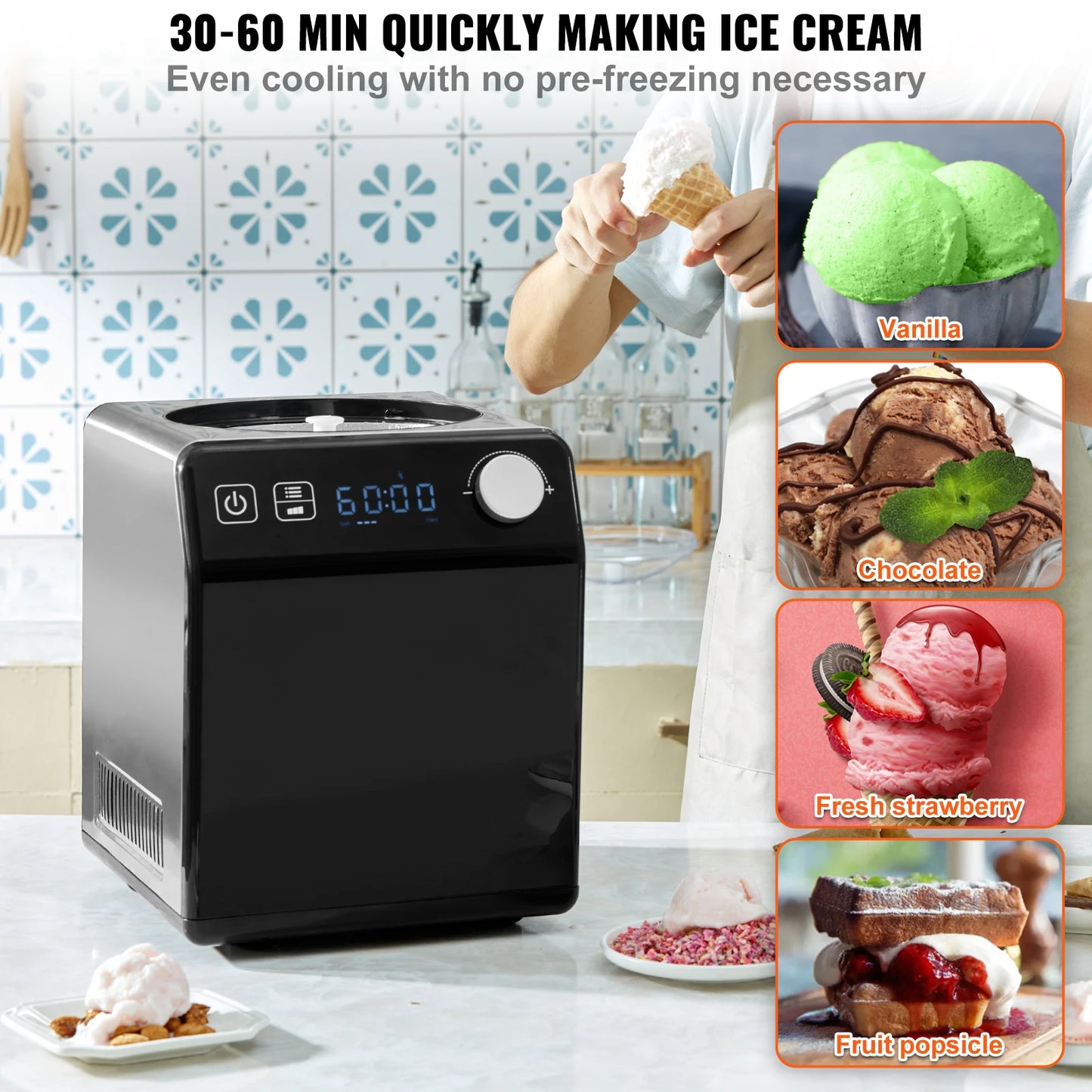 SucceBuy Upright Automatic Ice Cream Maker with Built-in Compressor 2 Quart No Pre-freezing Fruit Yogurt Machine 4 Modes