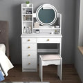 FUFU&GAGA White Vanity Set with Round Lighted Mirror, Makeup Vanity Dressing Table with 5 Drawers, Shelves, Dresser Desk and Cus