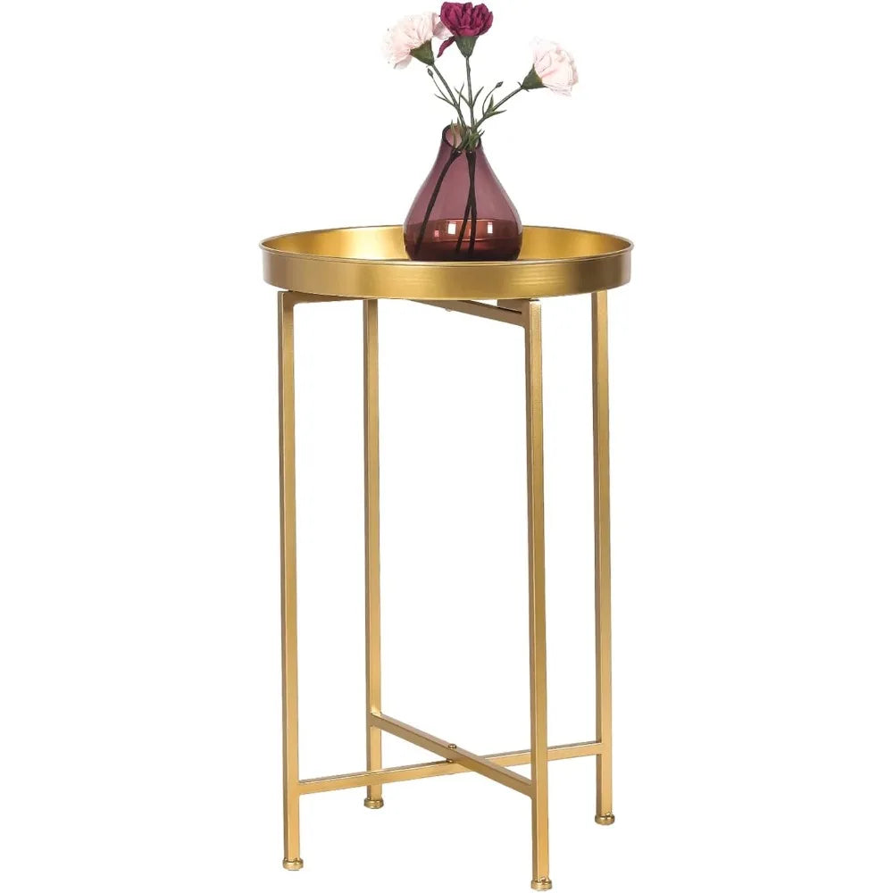 Tray Metal End Table, Gold Round Foldable Side Table Small Decorative Sofa Snack Coffee Plant Stand Table (Golden Tray)